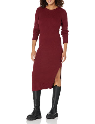 Calvin Klein Women Everyday Long Sleeve Crew Neck Dress with Side Slit Zipper Sweater Syrah Medium