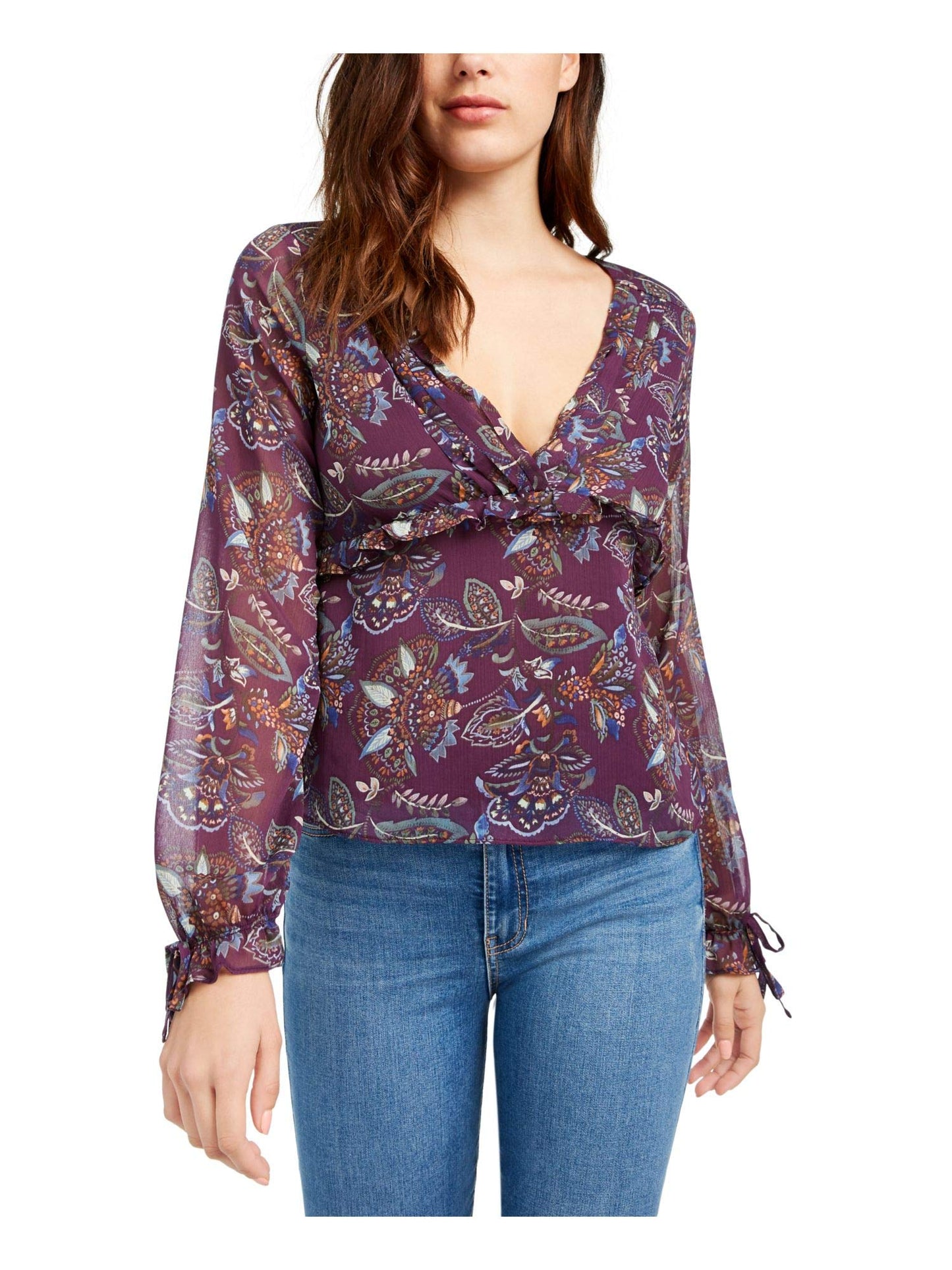 Q & A Womens V-Neck Ruffled Top Purple M