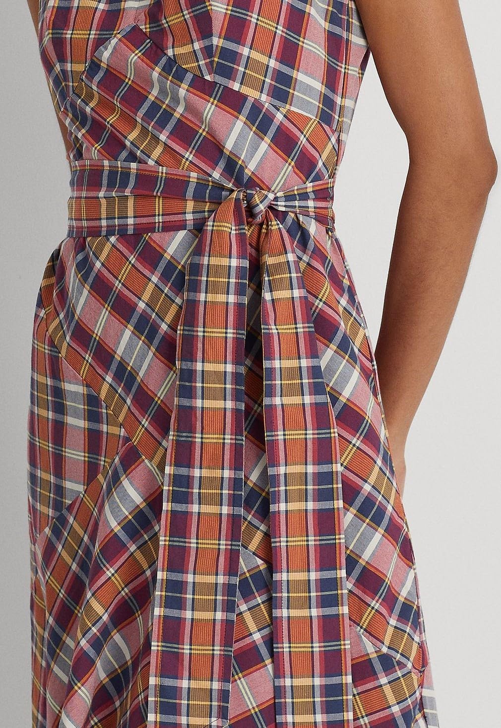 Lauren Ralph Lauren Women’s Belted Cotton Madras Sleeveless Dress Burgundy/Navy Multi 12