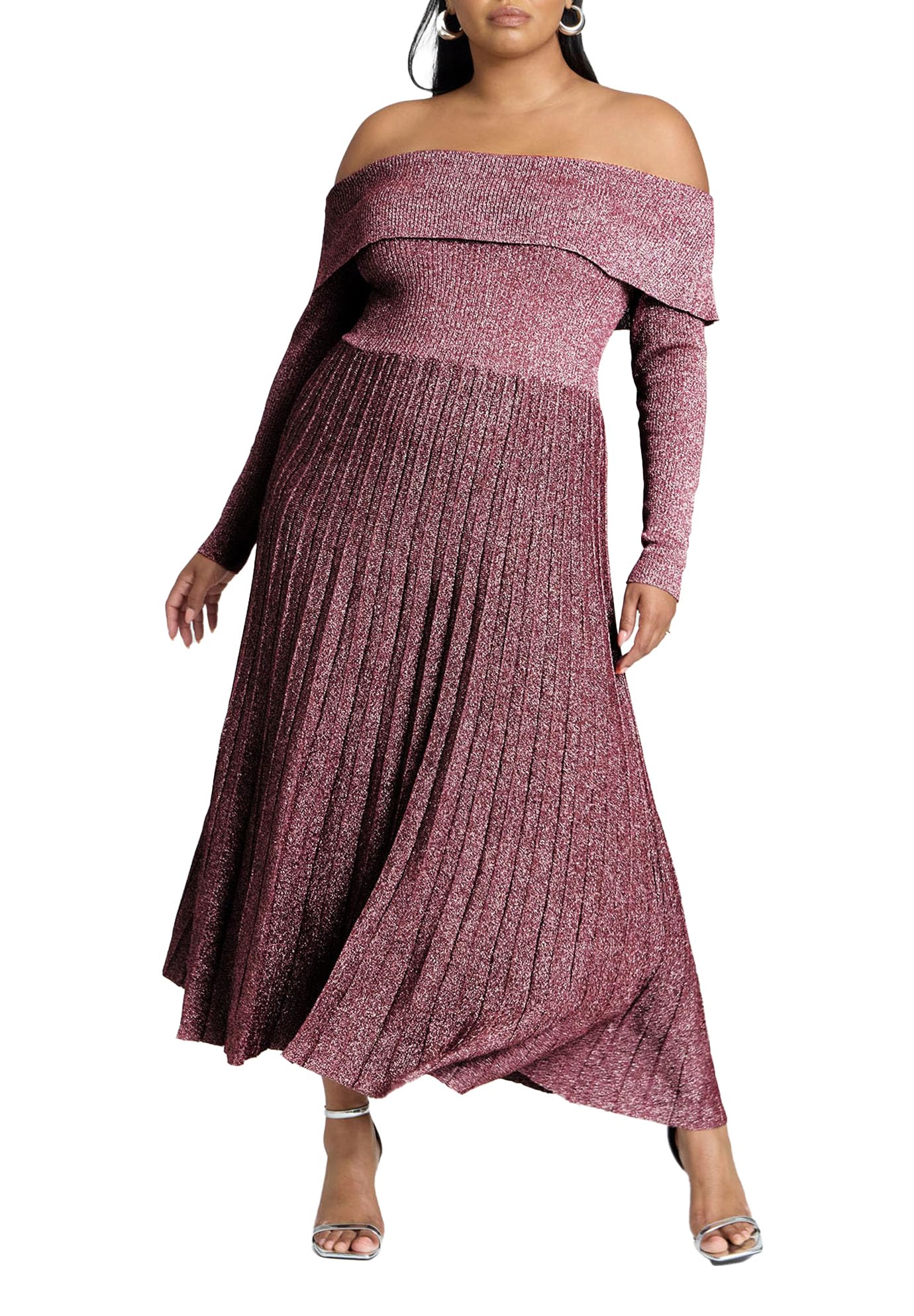 ELOQUII Women's Plus Size Lurex Off Shoulder Dress - 18/20, Burgundy Lurex