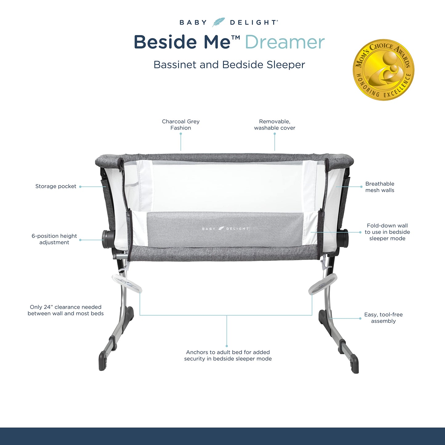 Baby Delight Beside Me Dreamer Bassinet  Bedside Sleeper  6Position Height Adjustment  Charcoal Tweed