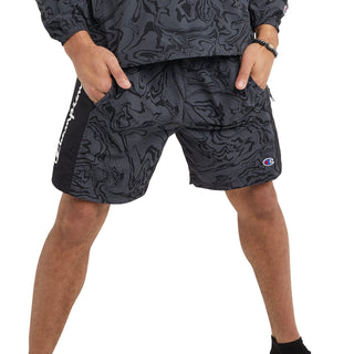 Champion Hybrid, Lightweight Shorts for Men, C Logo, 7", Liquid Marble Stealth/Black Waves Script, XX-Large