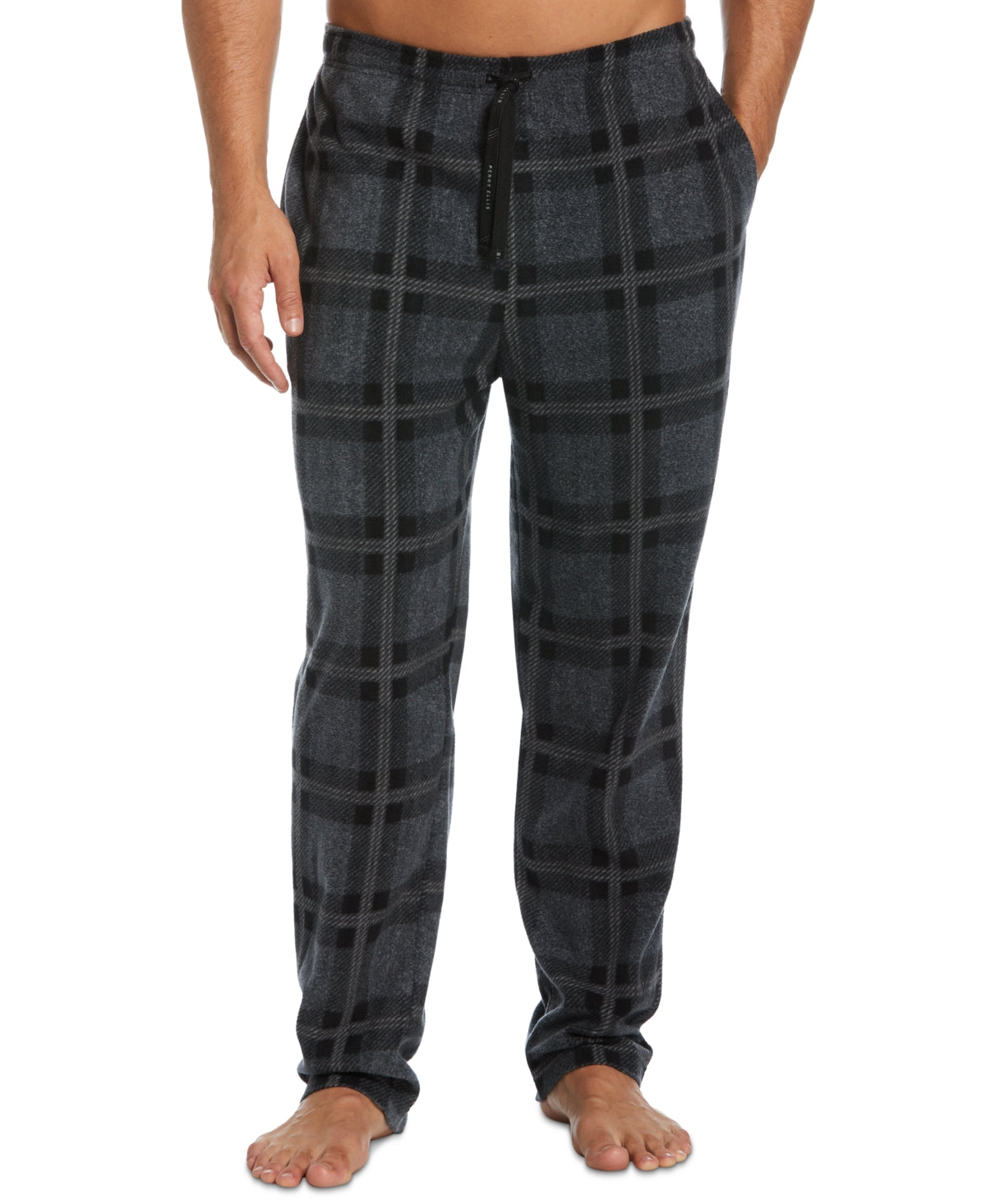 Perry Ellis Portfolio Men's Windowpane Plaid Textured Fleece Pajama Pants Black Size Small