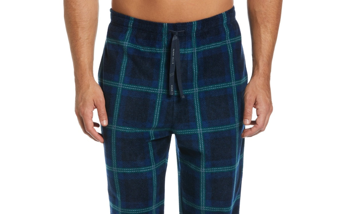 Perry Ellis Portfolio Men's Windowpane Plaid Textured Fleece Pajama Pants Blue Size X-Large