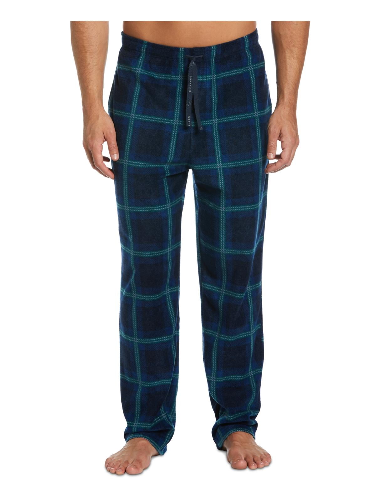 Perry Ellis Portfolio Men's Windowpane Plaid Textured Fleece Pajama Pants Blue Size X-Large