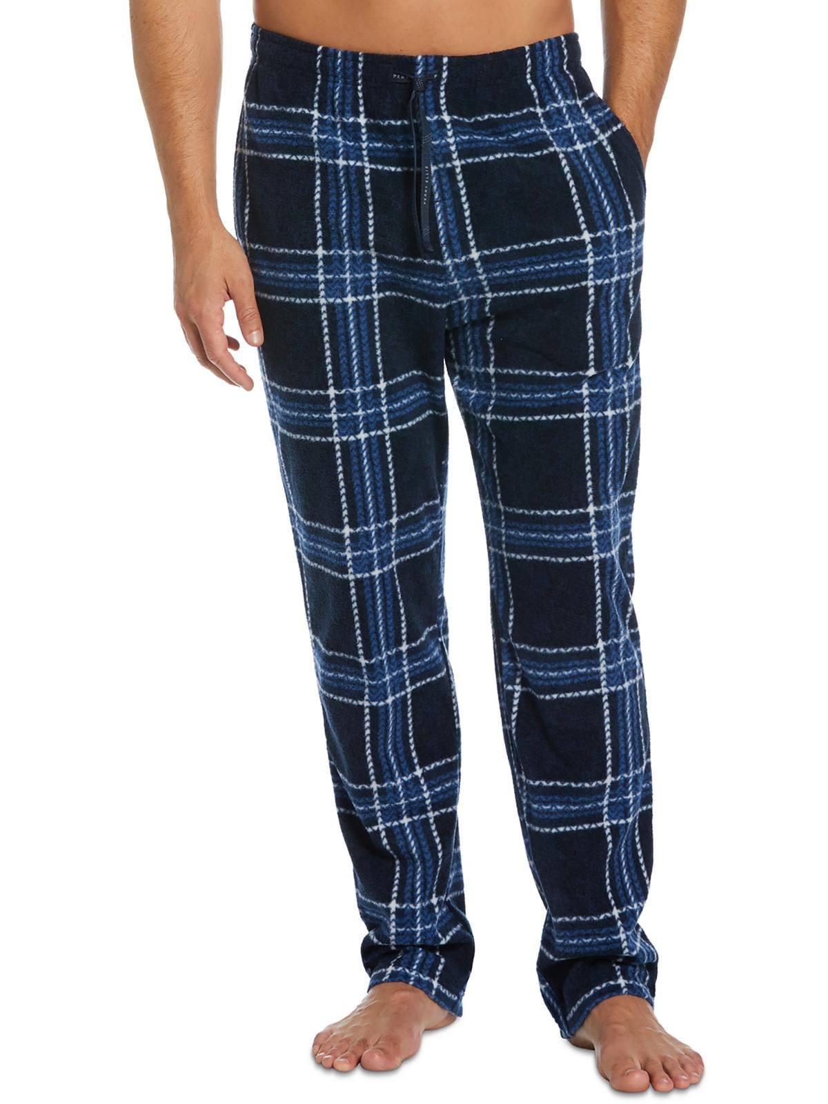 Perry Ellis Portfolio Men's Chevron Plaid Textured Fleece Pajama Pants Blue