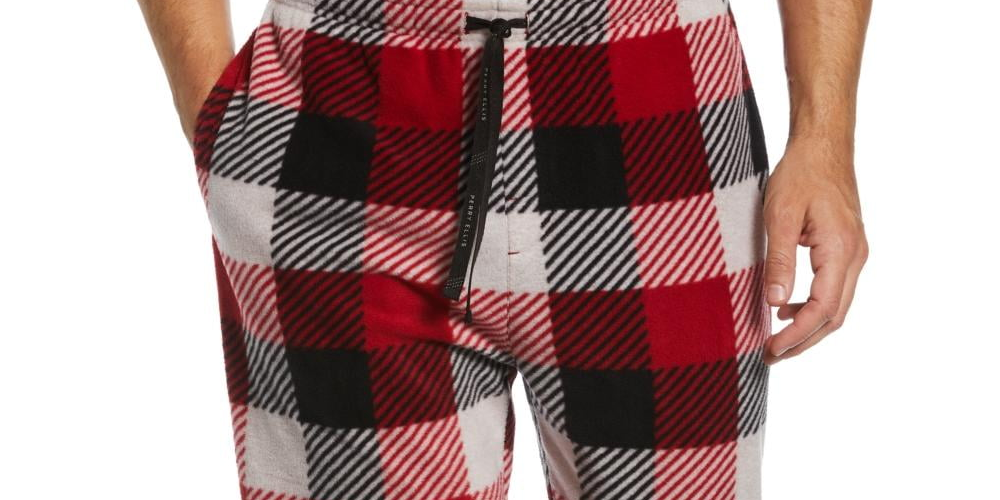 Perry Ellis Portfolio Men's Modern Buffalo Plaid Textured Fleece Pajama Pants Red Size X-Large