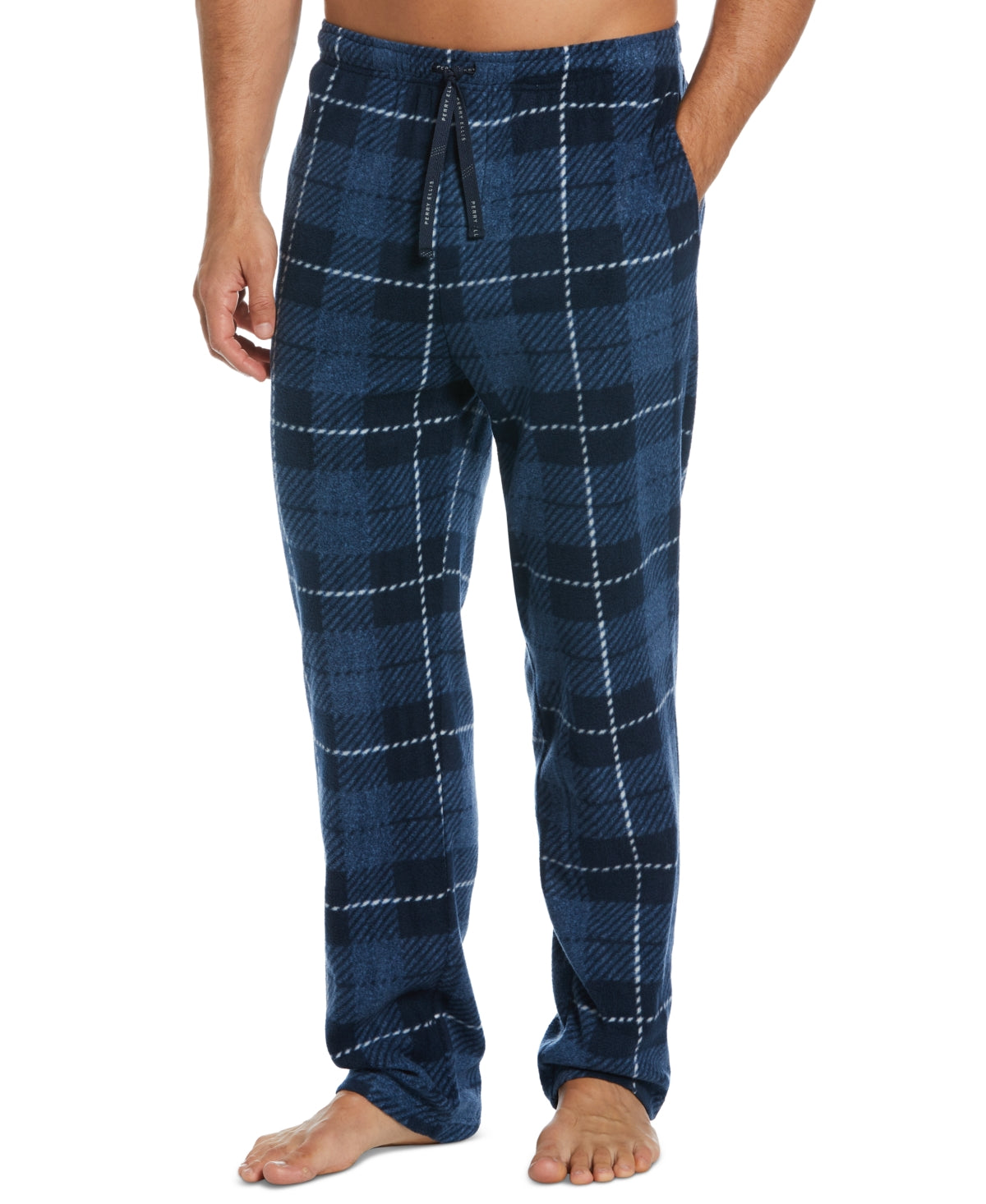 Perry Ellis Portfolio Men's Windowpane Plaid Textured Fleece Pajama Pants Blue Size Medium