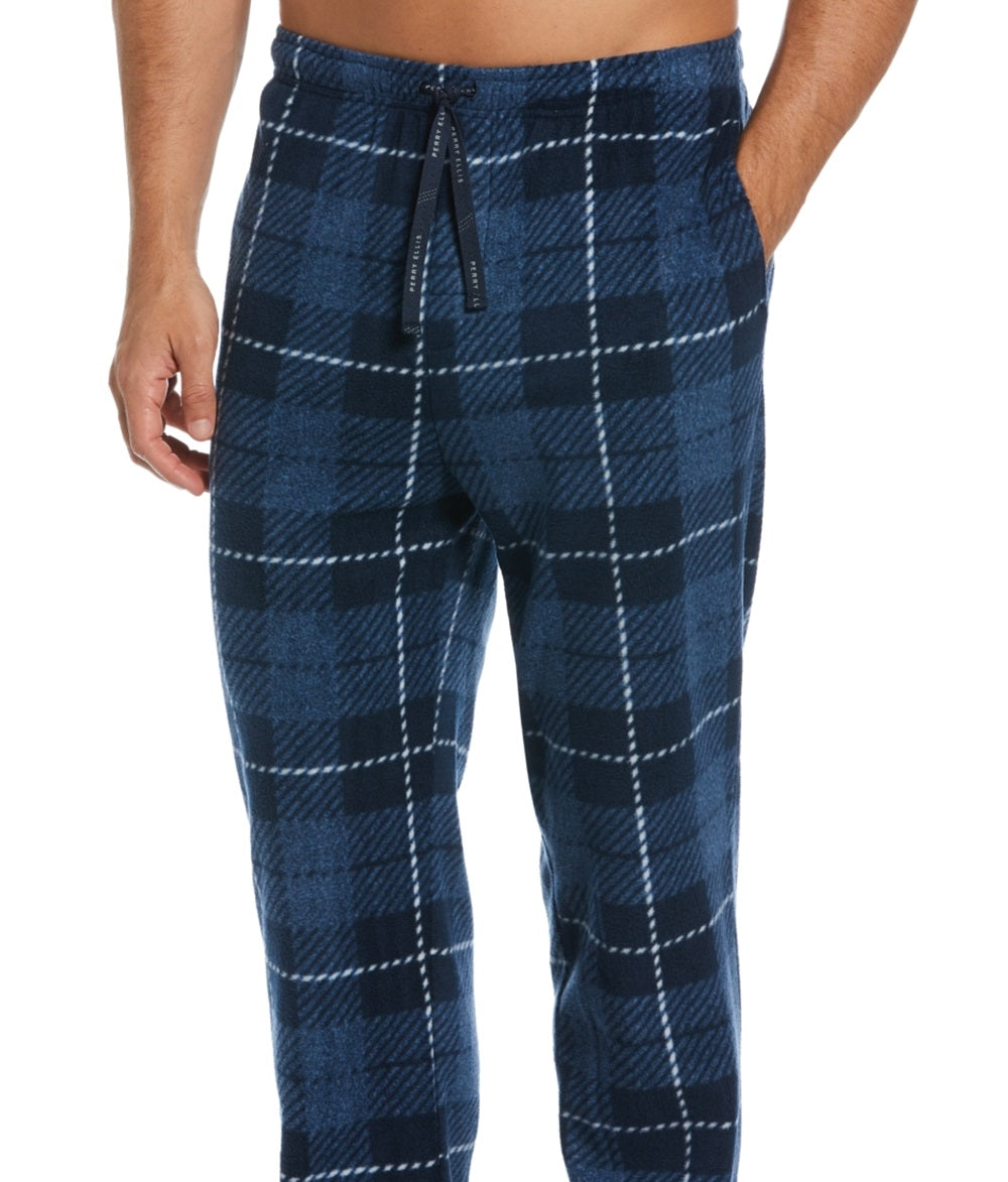 Perry Ellis Portfolio Men's Windowpane Plaid Textured Fleece Pajama Pants Blue Size Medium