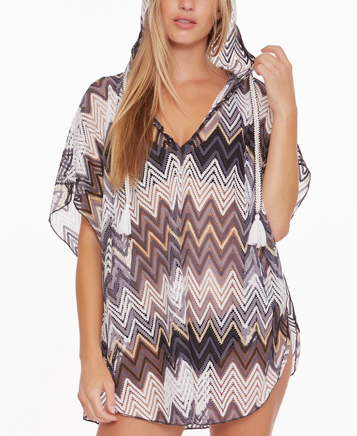 Trina Turk Women's Drift Crochet Hooded Poncho Cover Up Swimsuit Black Size 34X16