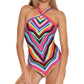 Trina Turk Women's Louvre Printed High Neck Reversible One Piece Swimsuit Black Size 10