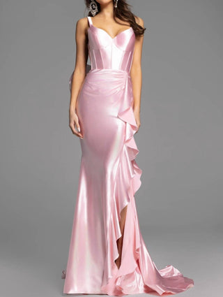 Jovani - Backless Satin Gown With Bow Accent