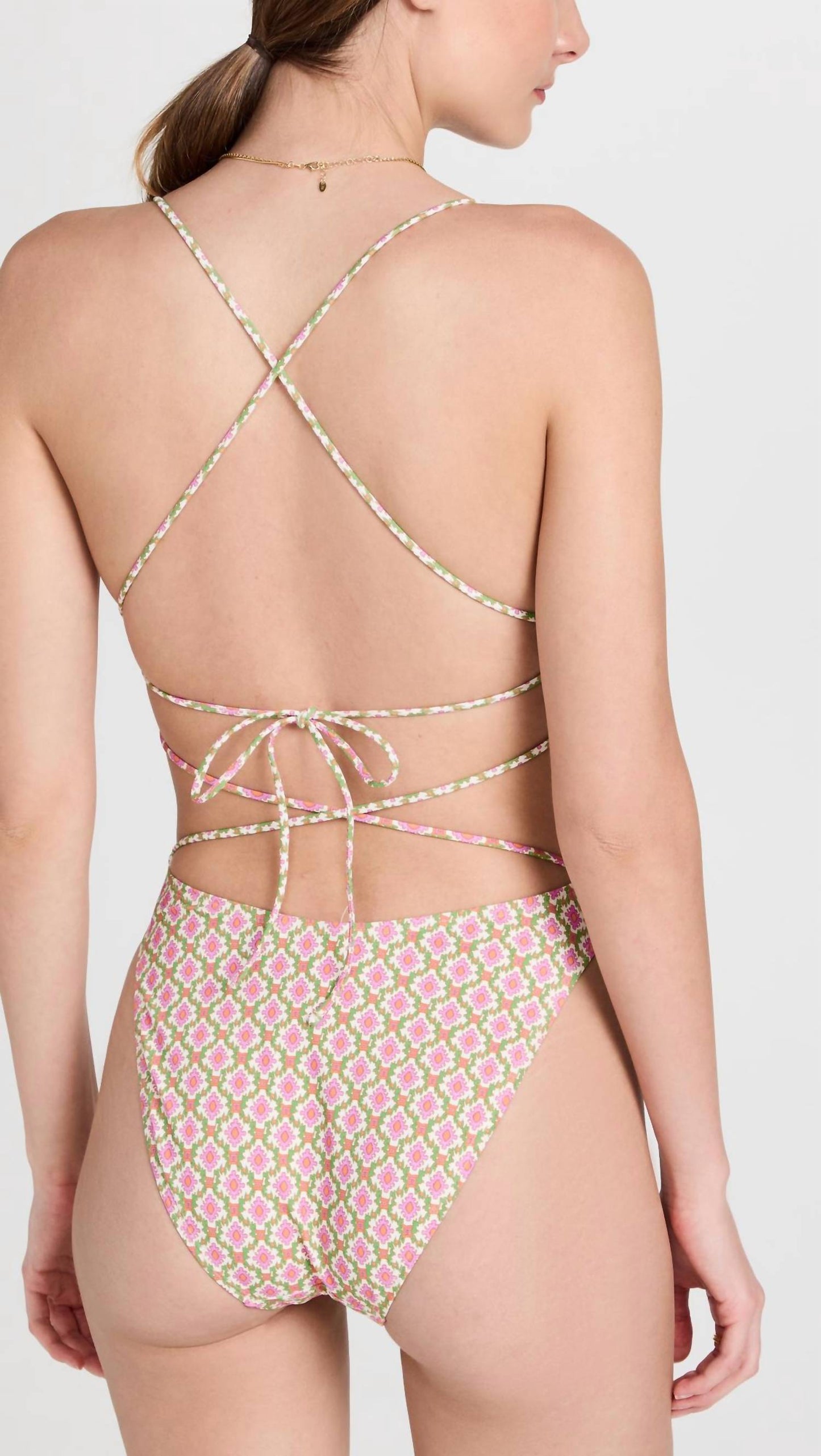 Tory Burch - Women's Printed Tie-Back Adjustable Strap Padded One Piece Swimsuit Vauban Diamond