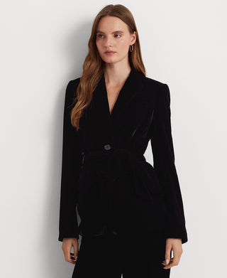 Women's Belted Velvet Blazer - Black