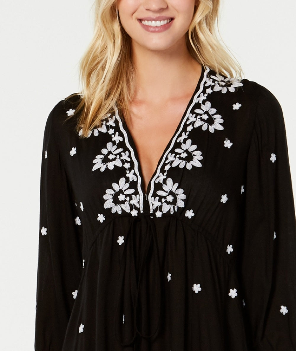 Raviya Women's Embroidered 3/4 Sleeve Dress Cover Up Swimsuit Black