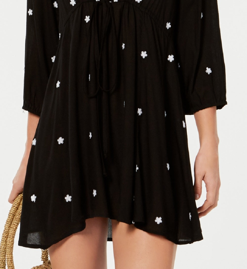 Raviya Women's Embroidered 3/4 Sleeve Dress Cover Up Swimsuit Black