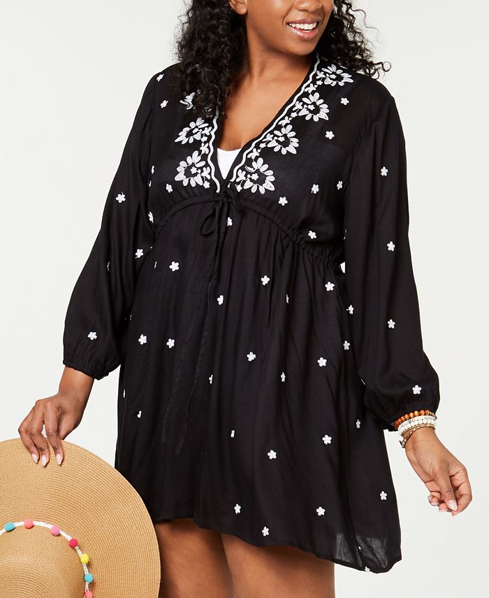 Raviya Women's Embroidered 3/4 Sleeve Dress Cover Up Swimsuit Black