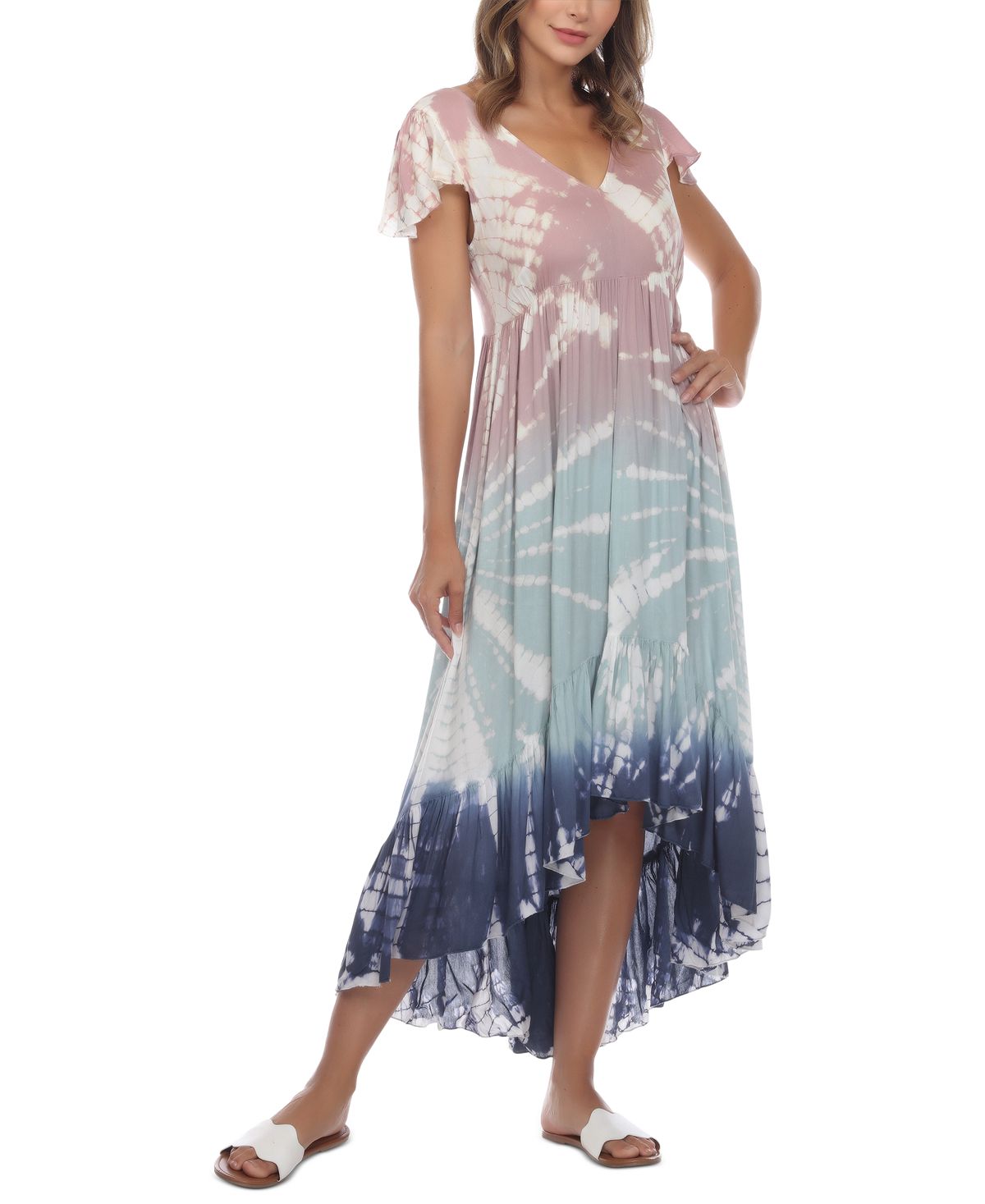Raviya Women's Tie Dyed Flutter Sleeve High Low Cover Up Dress Swimsuit Gray Size Medium