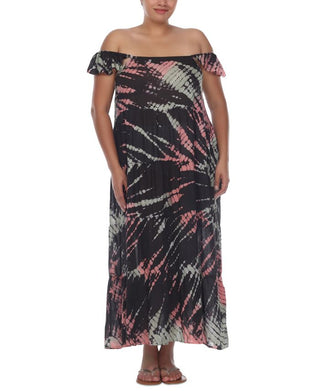 Raviya Women's Tie Dye Off The Shoulder Maxi Dress Cover Up Swimsuit Black Size 1X