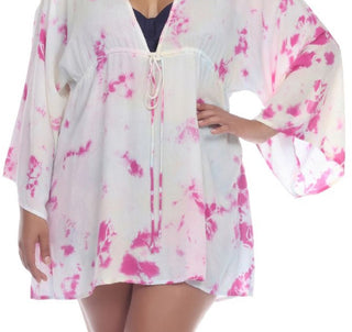 Raviya Women's Tie Dye Draw Waist Tunic Cover Up Swimsuit White Size 1X