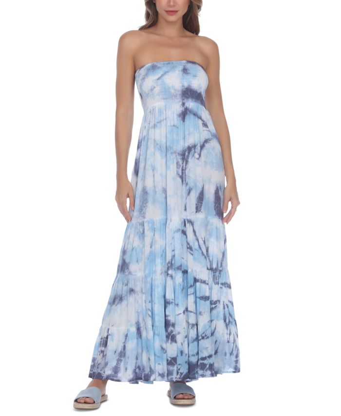 Raviya Women's Tie Dye Strapless Maxi Cover Up Dress Swimsuit Blue Size Medium