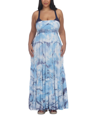 Raviya Women's Strapless Tiered Tie Dyed Maxi Dress Cover Up Swimsuit Blue Size 1X