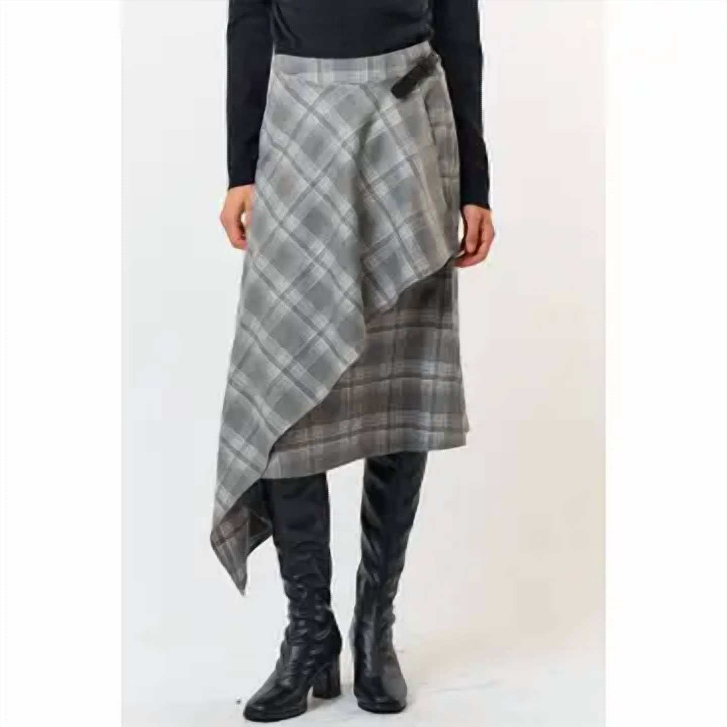 Lalavon - PLAID BUCKLE WRAPPED ASYMMETRIC MIDI SKIRT