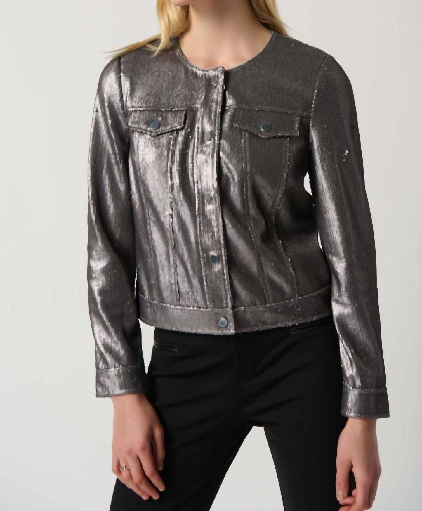 Joseph Ribkoff - Gunmetal Sequined Long Sleeve Trucker Jacket