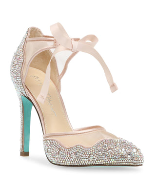 Betsey Johnson Iris Embellished Ankle Tie Pump in Champagne , Size 9.5 Yellow