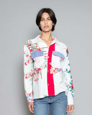 Carleen Louis Top Mixed Ooak Tablecloth Prints Mixed Size XS