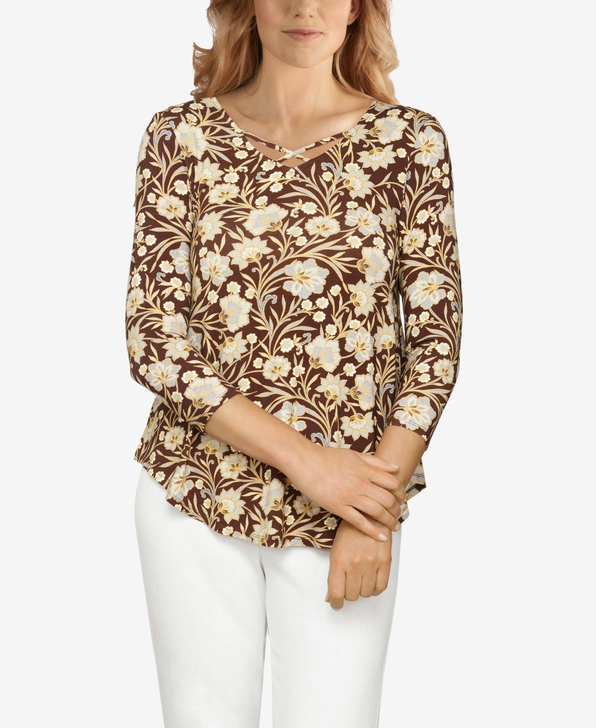 Ruby Rd. Women's Misses Floral Printed Criss Cross Neckline Top Black Size Large