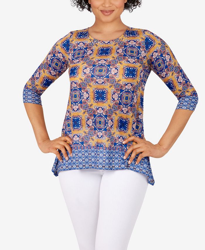 Ruby Rd. Women's Tile Border Sublimation Top Yellow Size Petite Small