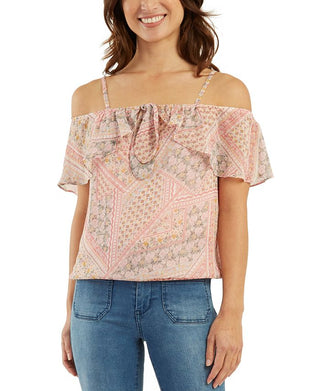 BCX Junior's Ruffled Cold Shoulder Top Pink Size X-Small