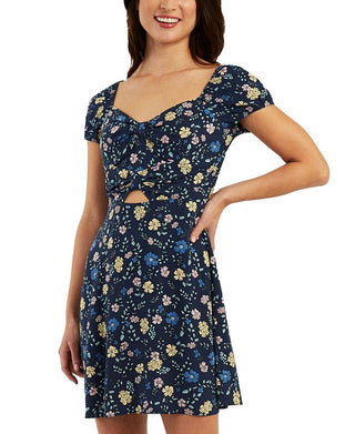 BCX Junior's Cutout Floral Fit & Flare Dress Blue Size Large