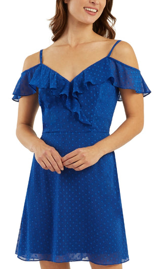 BCX Junior's Ruffled Cold Shoulder Dress Blue Size Medium