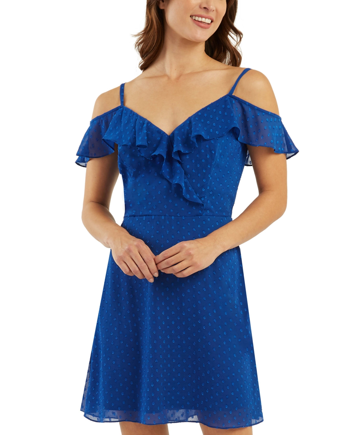 BCX Junior's Ruffled Cold Shoulder Dress Blue Size Medium