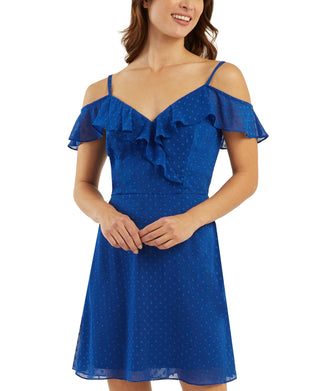 BCX Junior's Ruffled Cold Shoulder Dress Blue Size X-Large