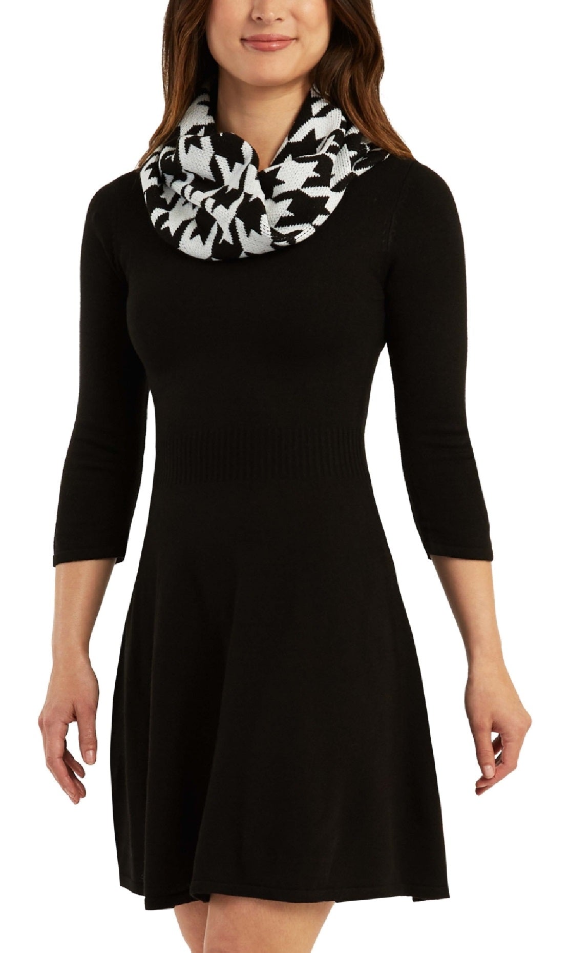 BCX Junior's Printed Scarf Fit & Flare Sweater Dress Black Size X-Large