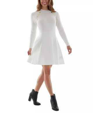BCX Junior's Button Detail Long Sleeve Sweater Dress White Size X-Small
