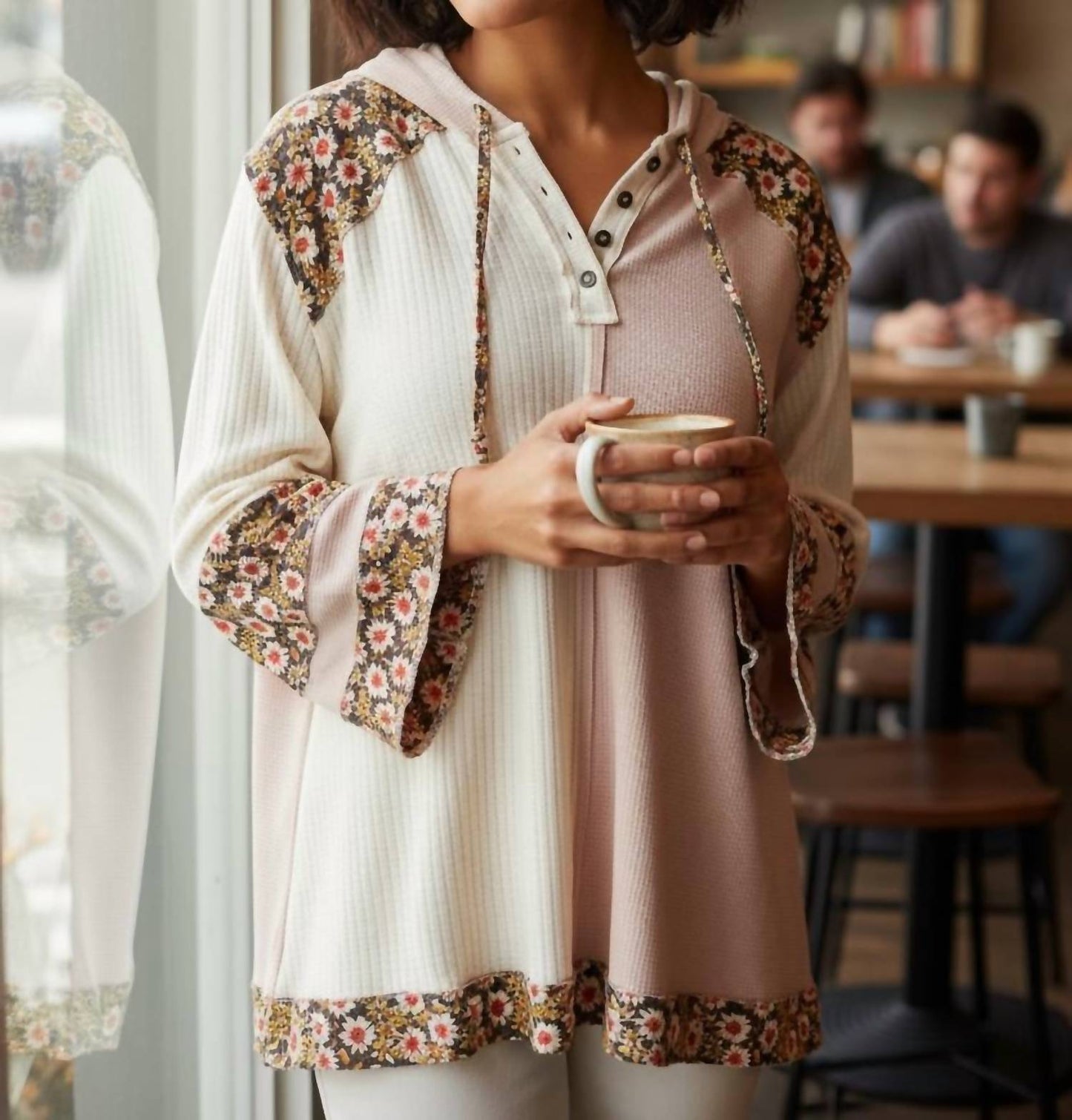 Pol - Oversize Long Sleeve Floral Patch Two Tone Hoodie Top