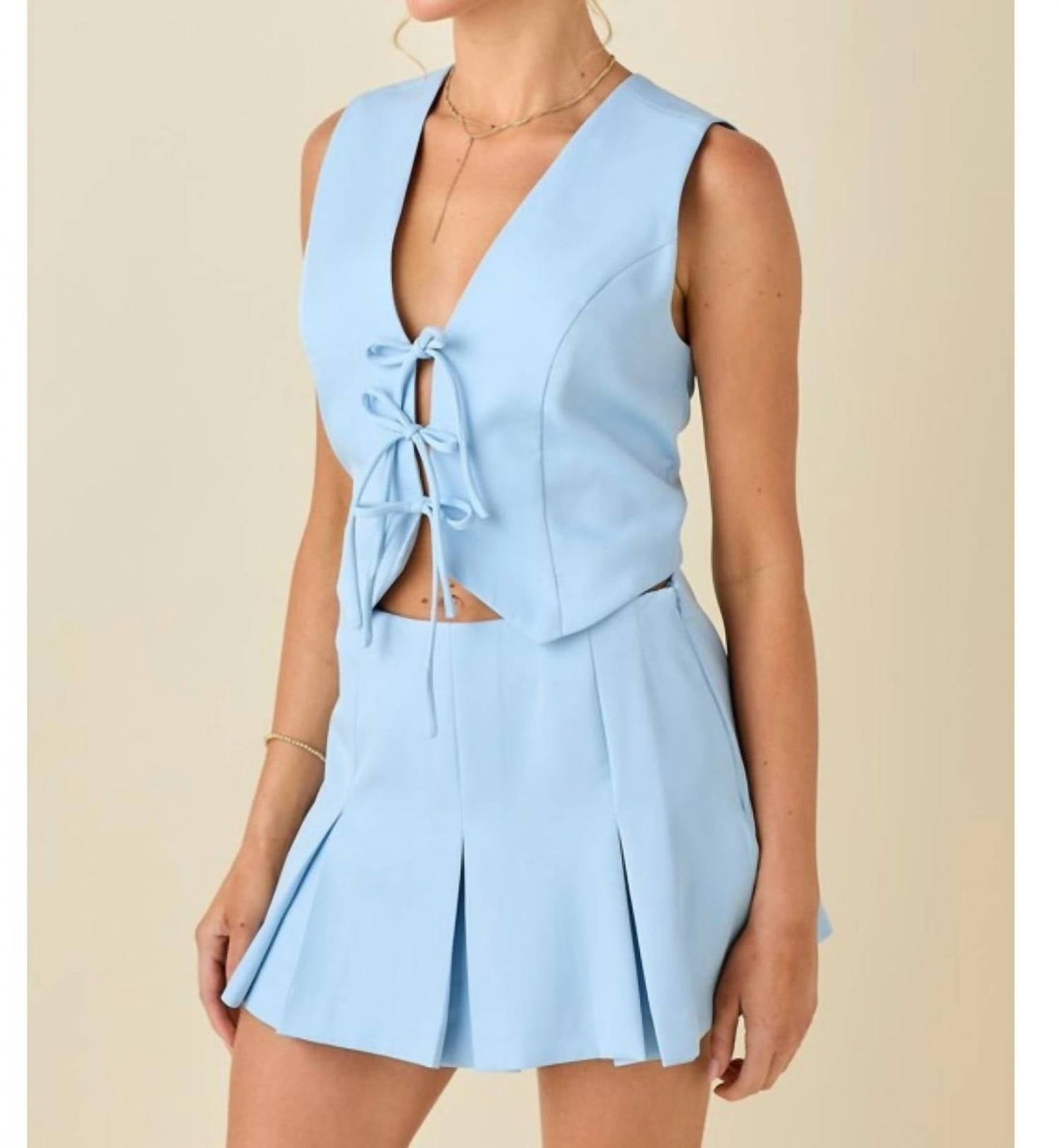Baby Pink - Women's Front Tie Top And Skort Set