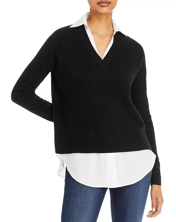 Aqua Cashmere Shirttail Hem Layered Look Cashmere Sweater