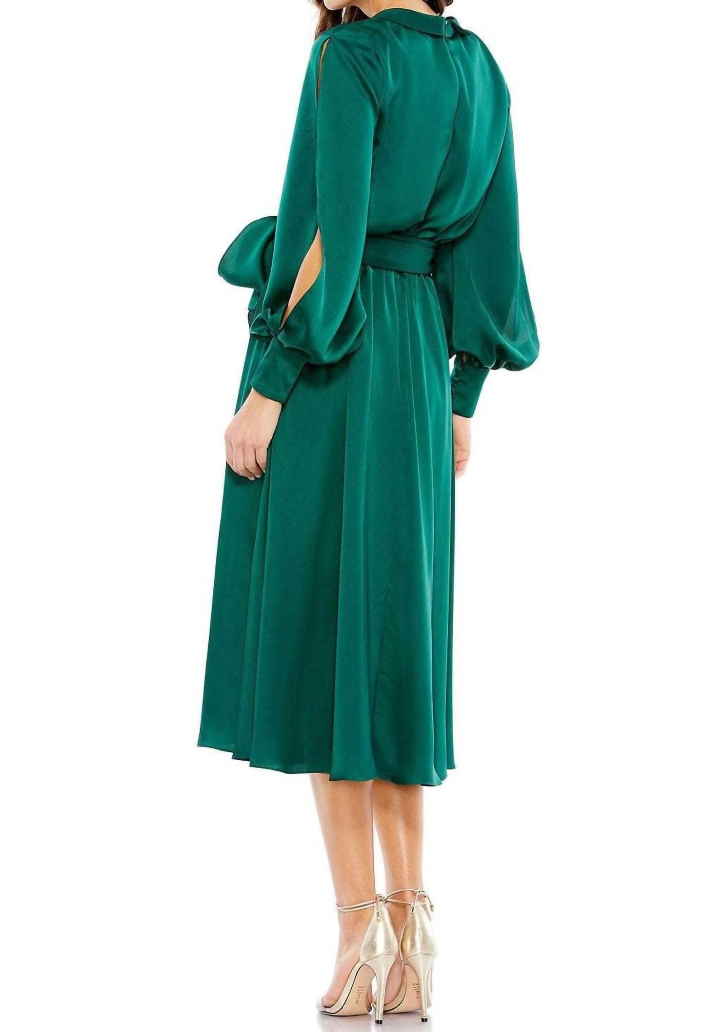 Mac Duggal - Collared Faux Wrap Bishop Sleeve Flowy Dress