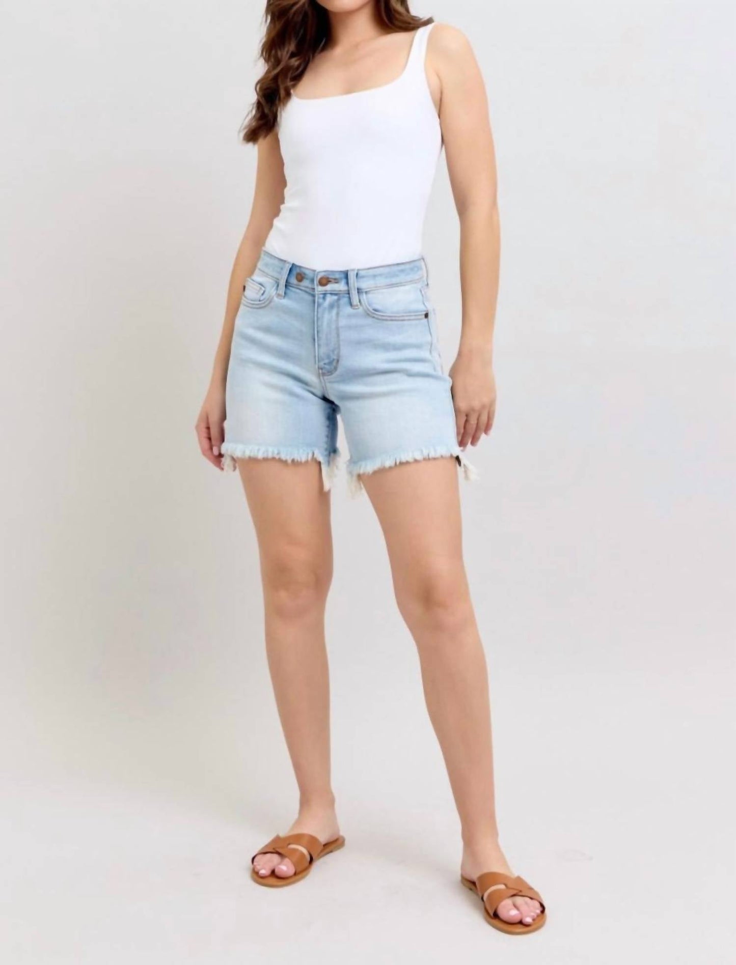 Judy Blue - Double Button Fray Hem Mid Rise Denim Shorts