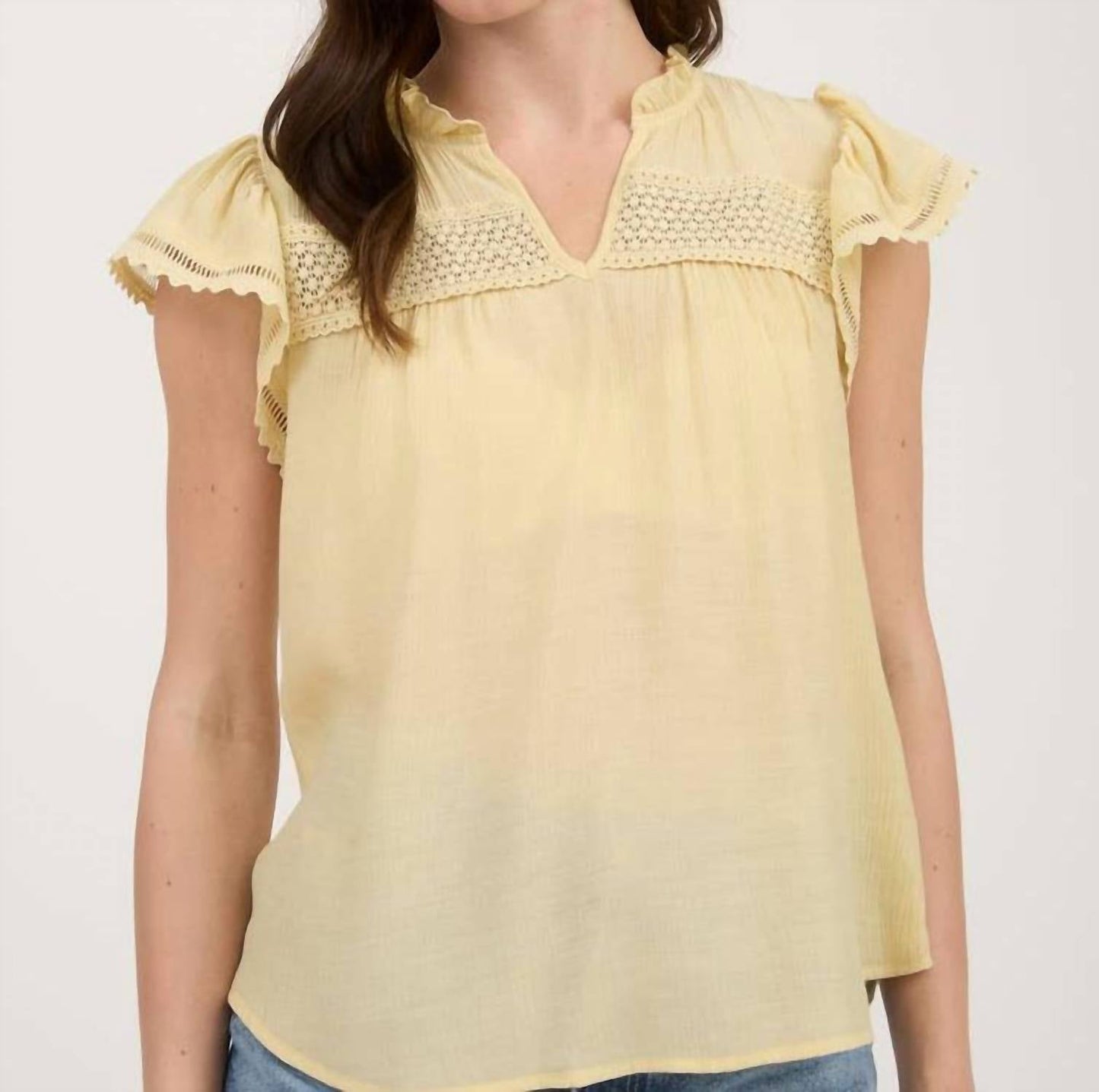 Blu Pepper - Split Neck Eyelet Crochet Trim Ruffle Detail Top