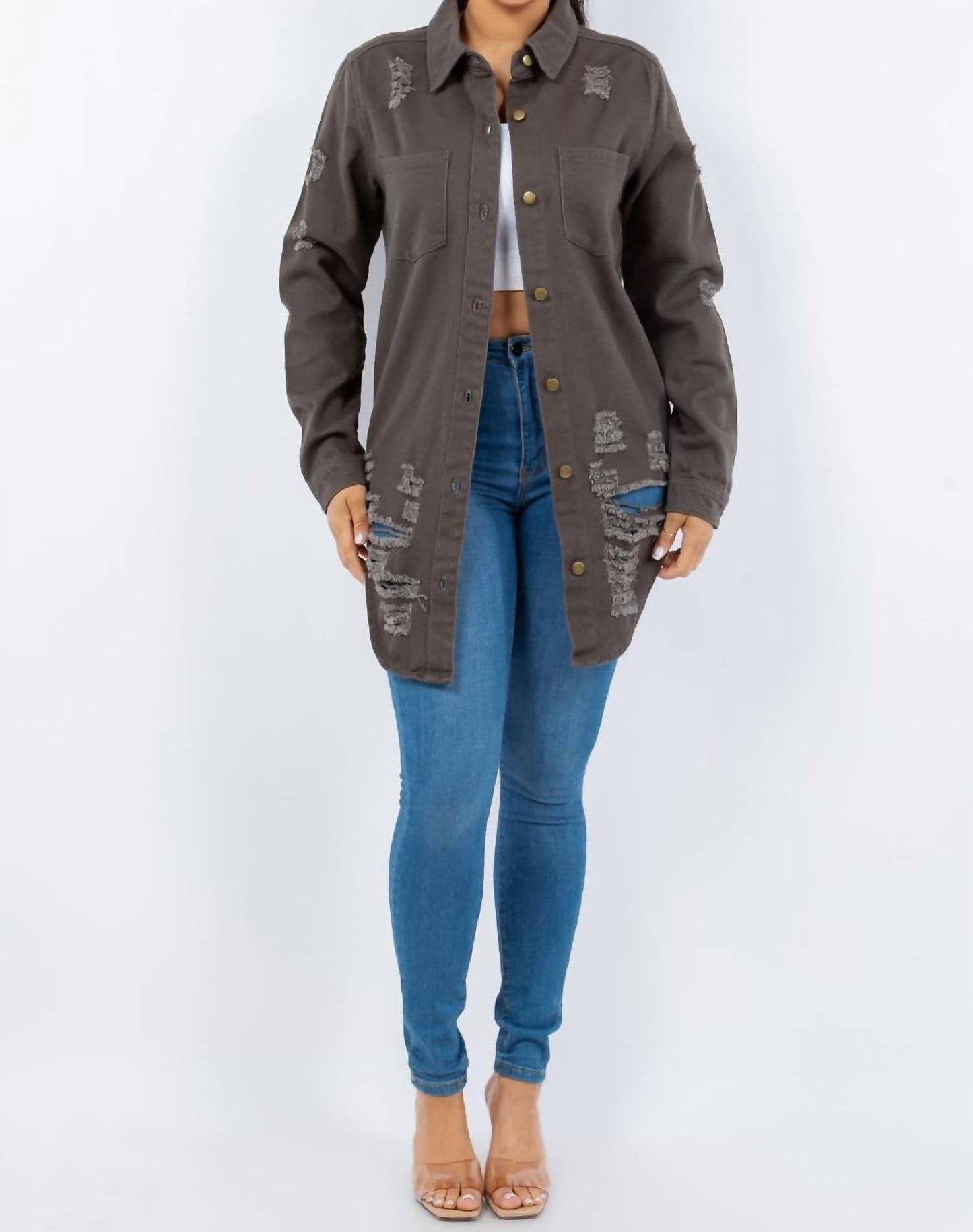 American Bazi - Distressed Button Up Long Sleeve Denim Jacket