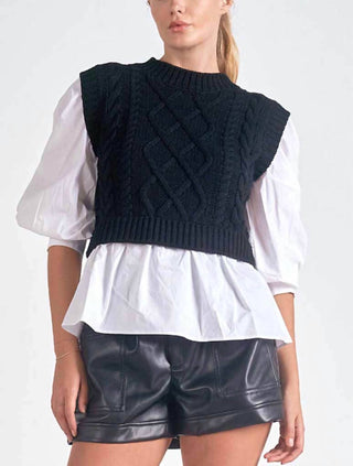 Elan - Cable Sweater Vest With Attached Blouse
