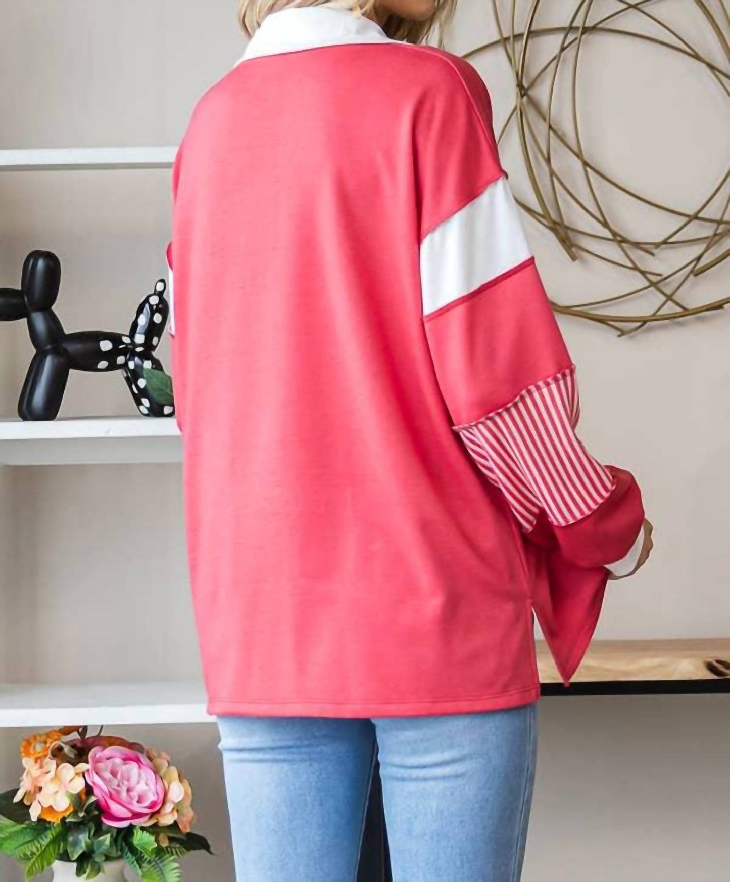 7Th Ray - Color Block Collar Oversized Long Sleeve Top