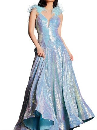 Jovani - Feather Straps V-back Prom Gown