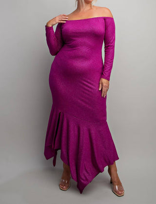 The Curve La - Plus Size Off Shoulder Metallic Knit Dress With Slit